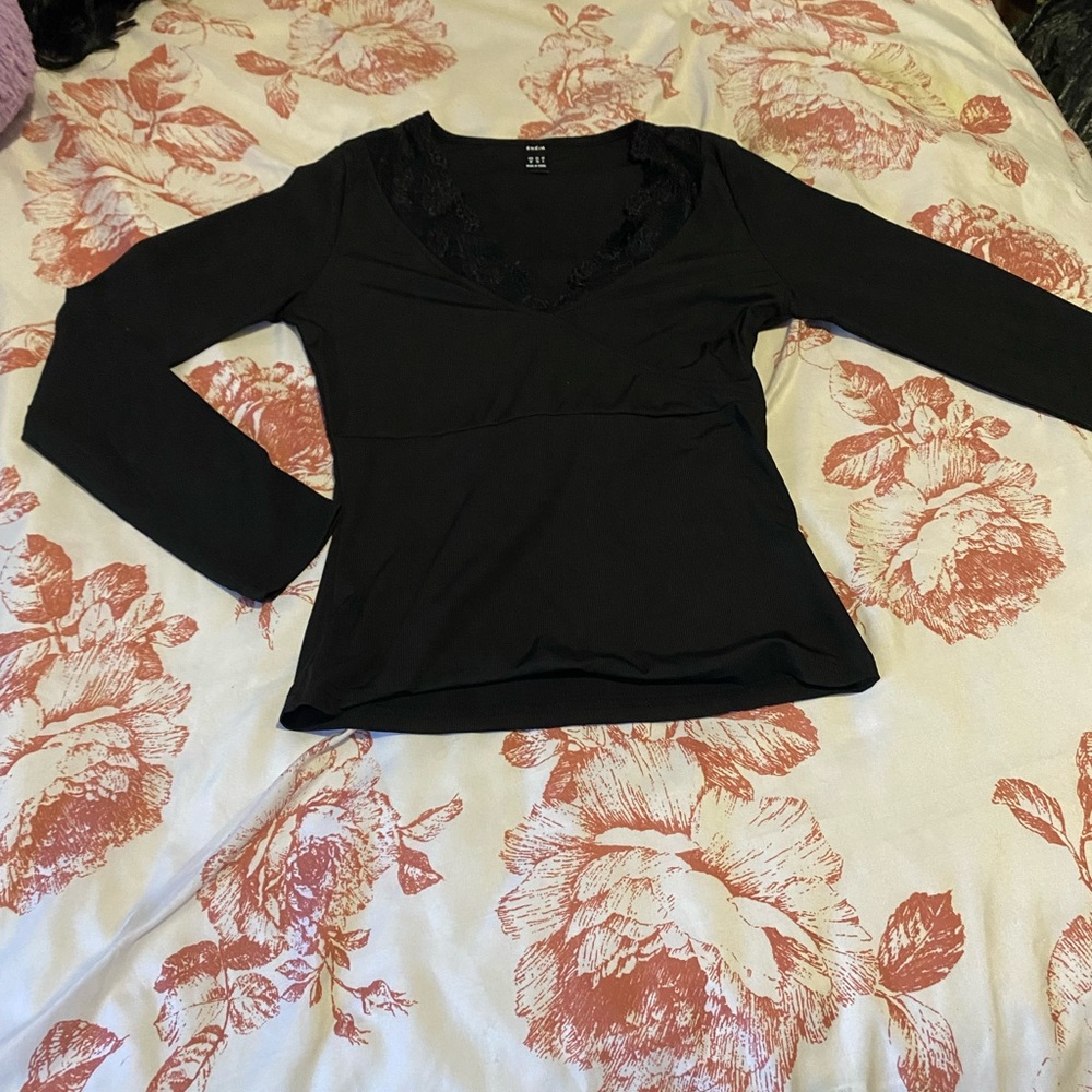 Black lace neck long sleeve shirt